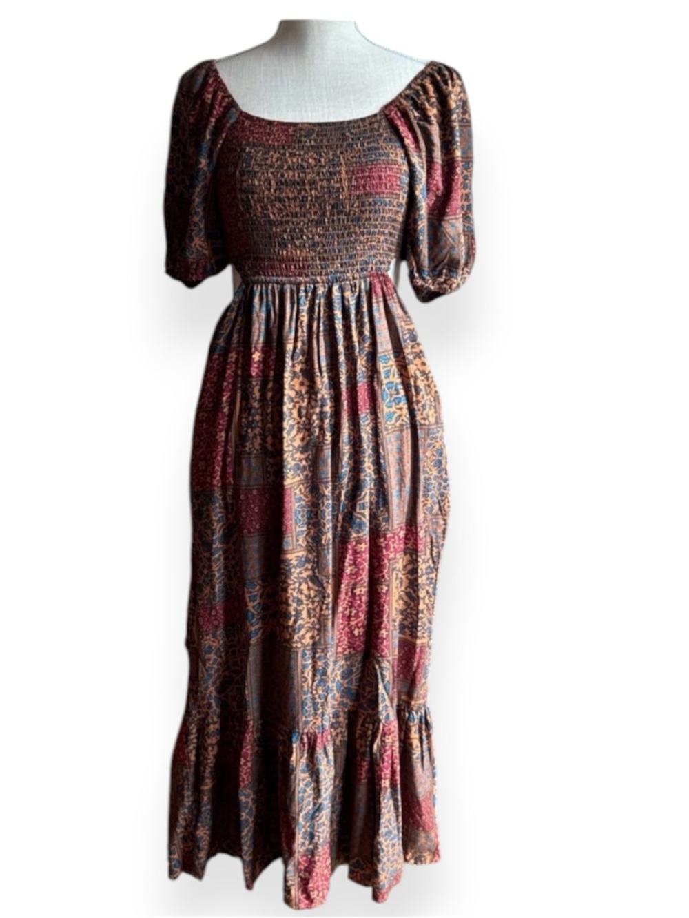 Earthbound Trading Co Patchwork Floral Smocked Back Cutout Maxi Dress Medium